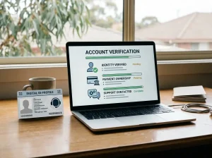 Laptop with a generic account checklist beside an abstract ID card and customer-support symbols