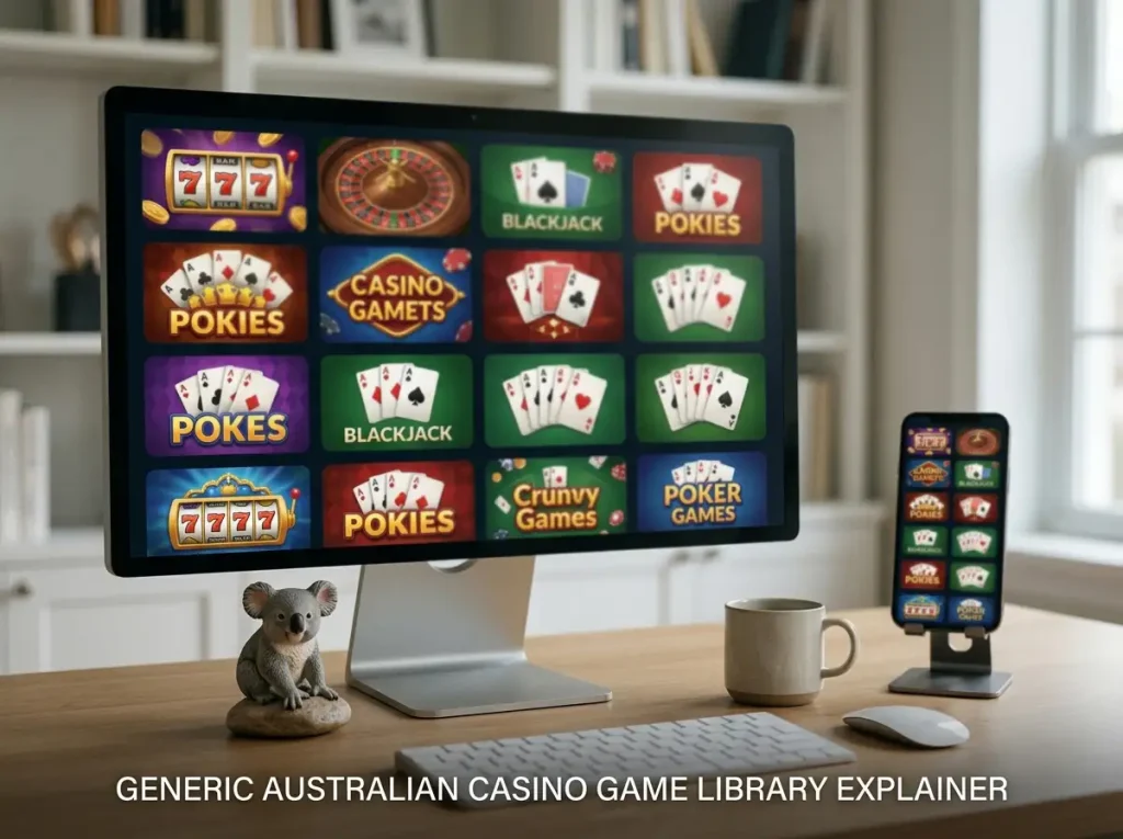 Desktop and phone showing a neutral grid of colourful pokies and card-game tiles beside a small koala figurine