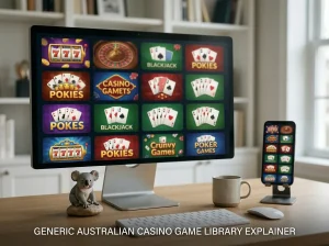 Desktop and phone showing a neutral grid of colourful pokies and card-game tiles beside a small koala figurine