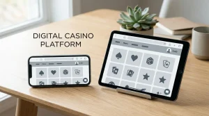 Smartphone and tablet displaying a neutral browser interface with game tiles, account navigation and support controls