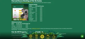 Screenshot of the Fair Go Casino banking interface showing payment-method and cashier rows